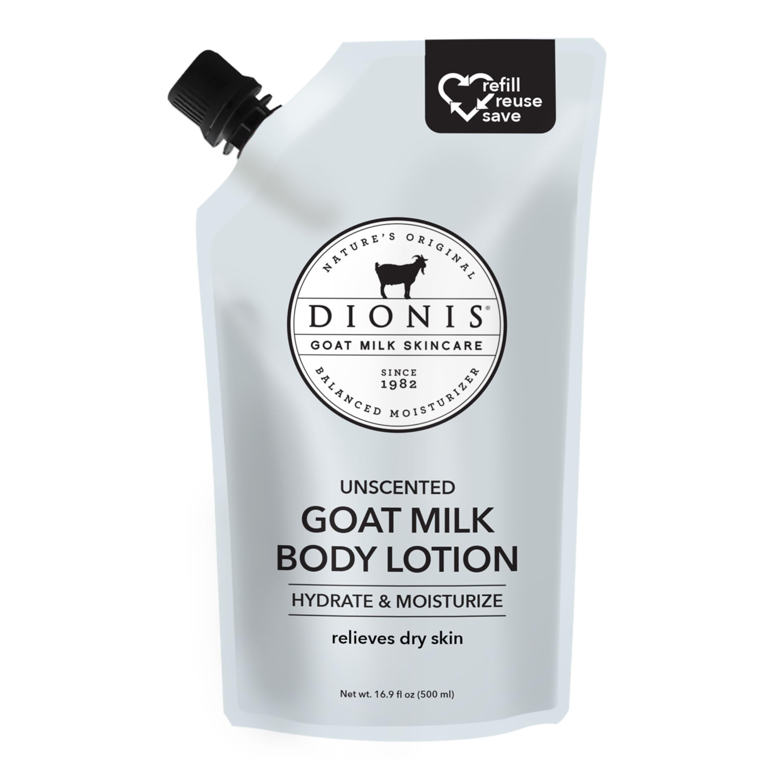 Dionis goat milk body lotion refill pouch ready for easy, eco-friendly replenishment