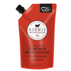 Dionis goat milk body lotion refill pouch showing hydration and eco-friendly packaging