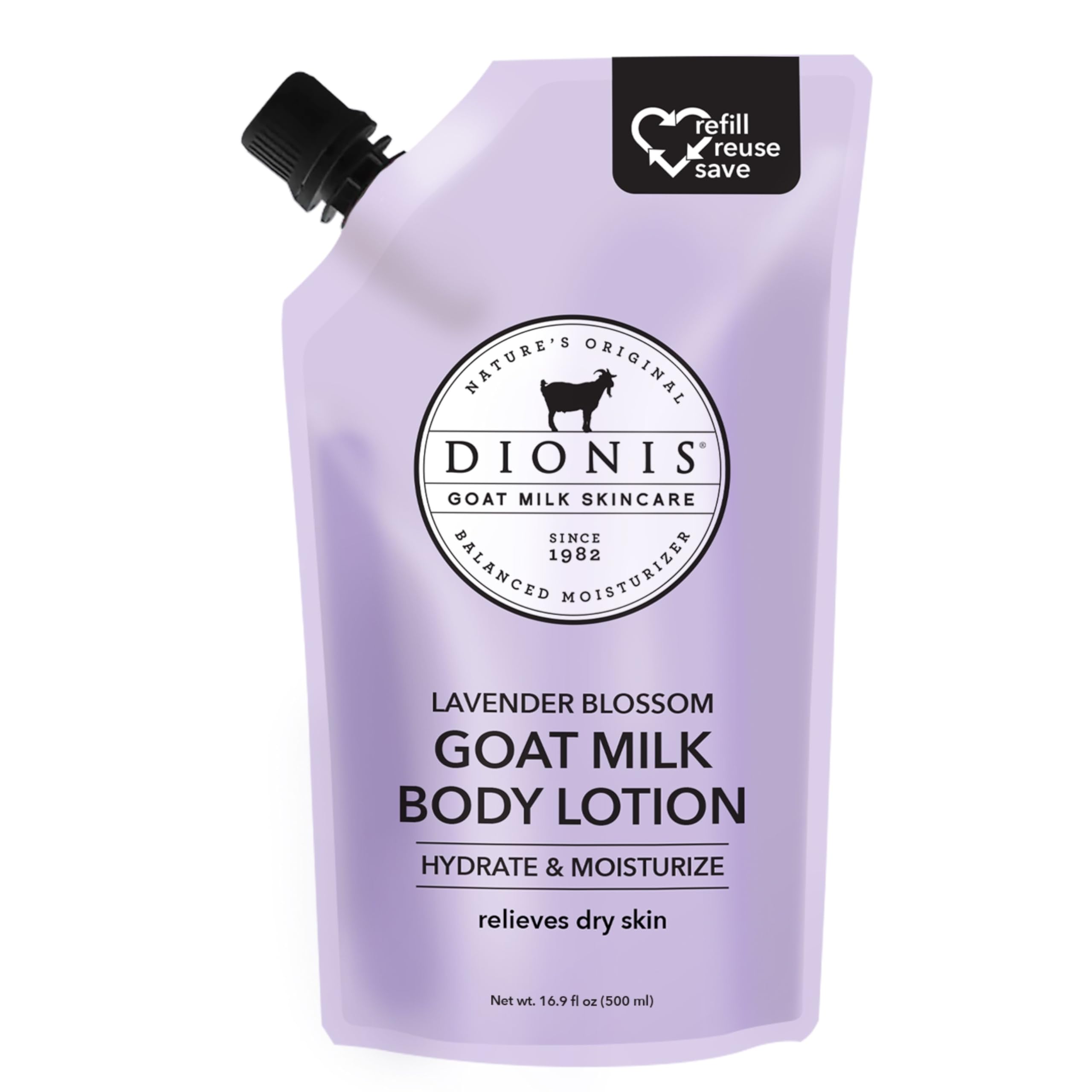 Dionis Goat Milk Body Lotion refill pouch 16oz for eco-friendly refills reducing waste