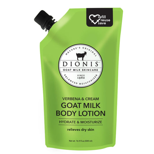 Dionis goat milk body lotion refill pouch with pump for easy, mess-free hydration.