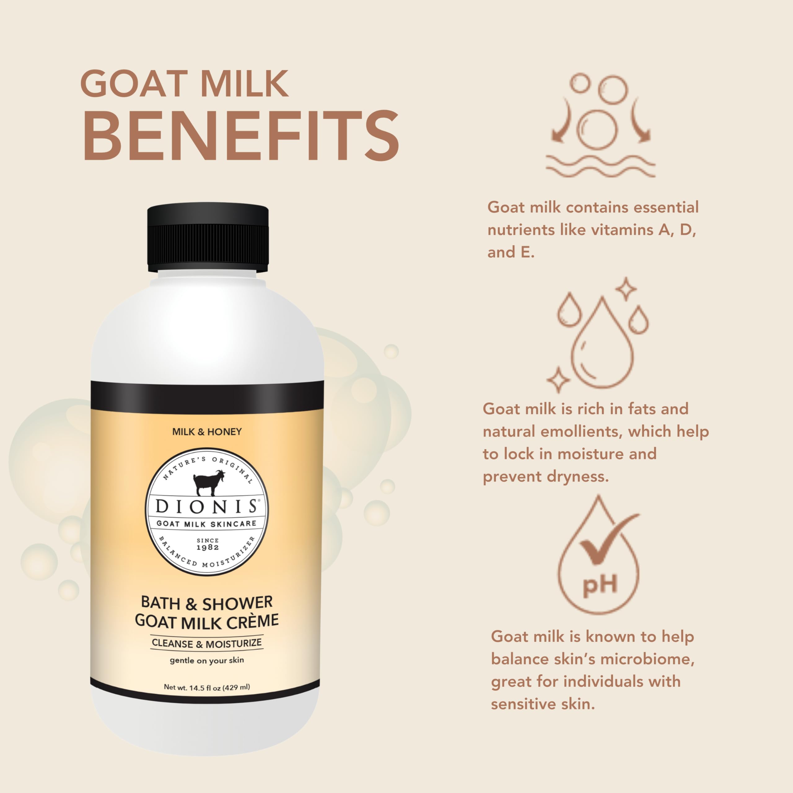 Dionis Goat Milk Creme bottle highlights vitamin-rich formula supporting moisture balance.