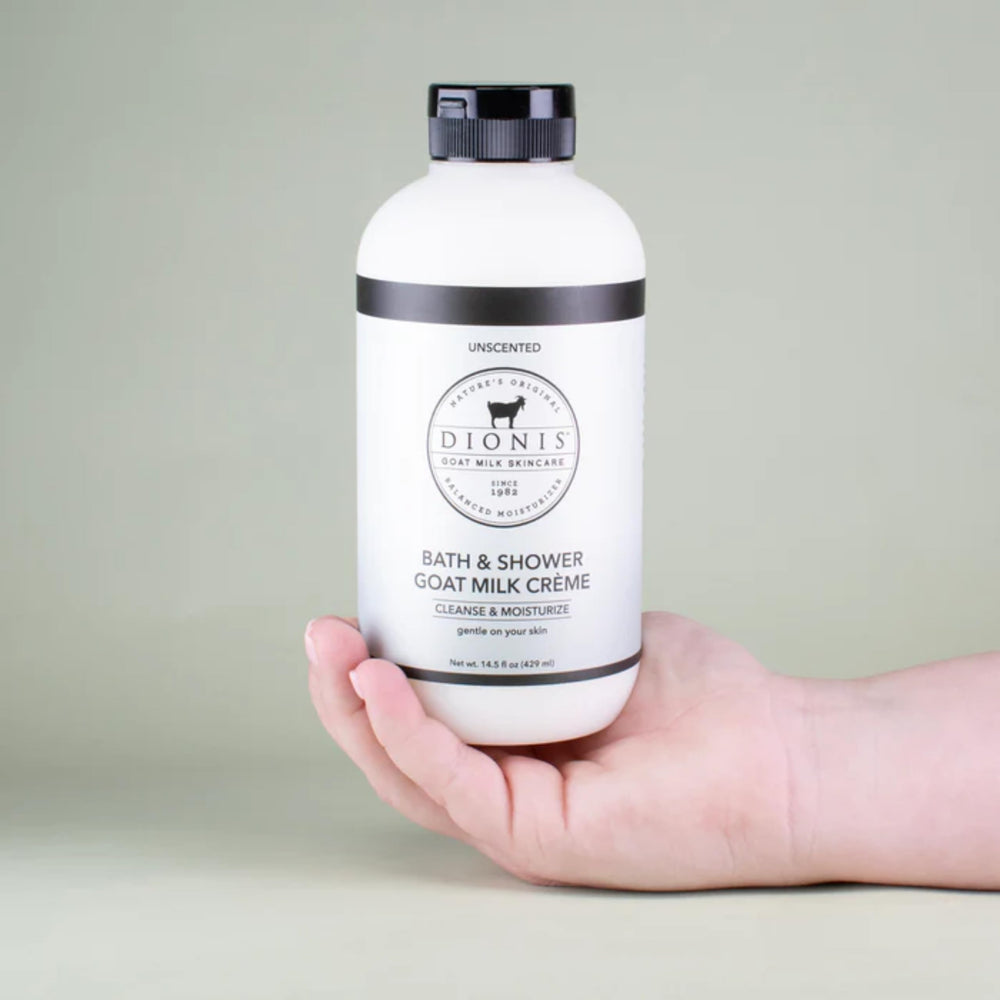 Dionis Goat Milk Liquid Shower Creme close-up emphasizes fragrance-free dermatologist-tested formula