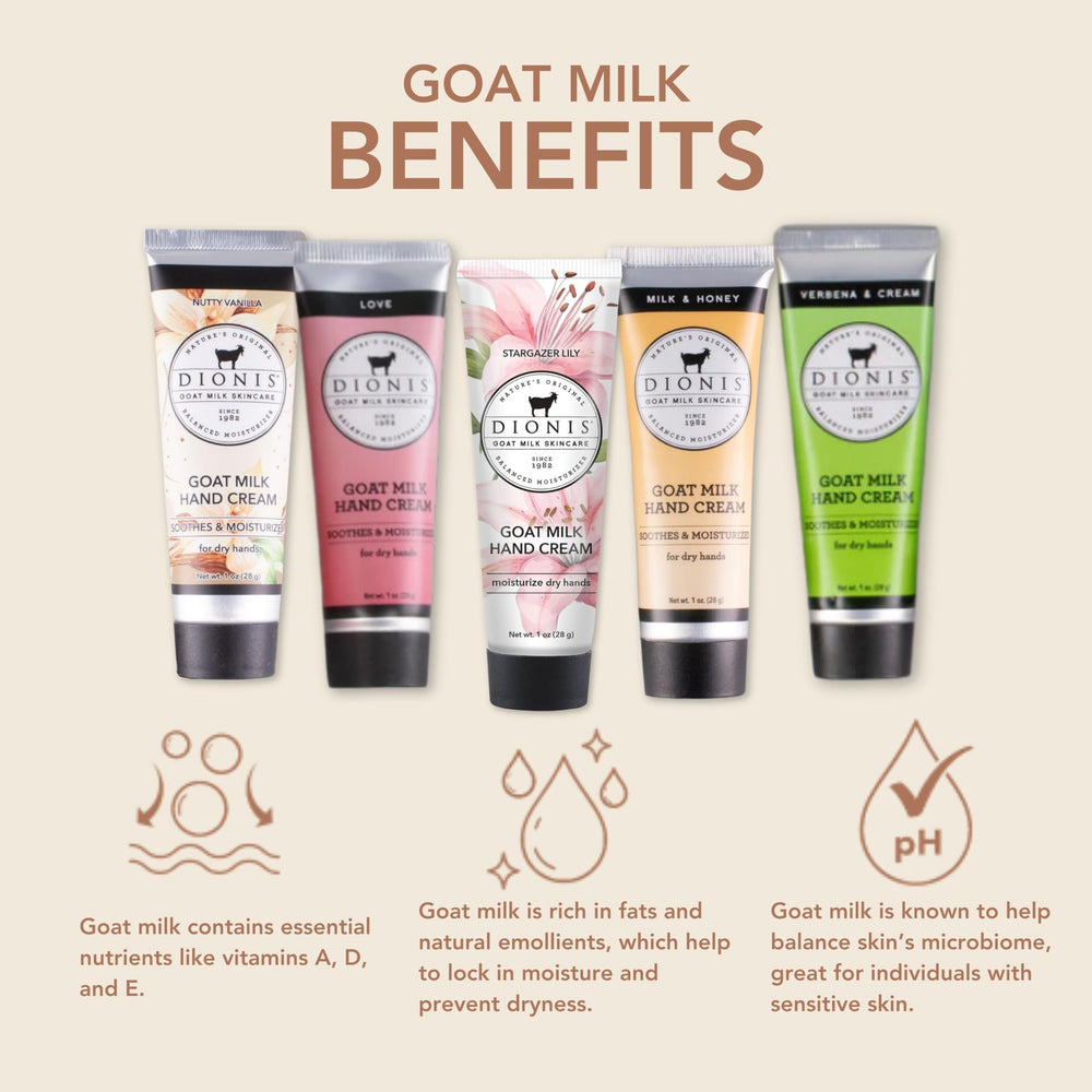 Six-pack set of scented Dionis goat milk hand creams in travel-size tubes for on the go care