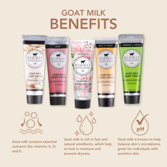 Six-pack set of scented Dionis goat milk hand creams in travel-size tubes for on the go care