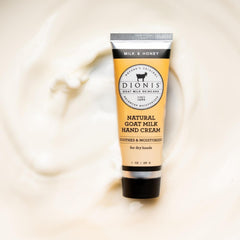 Dionis Goat Milk Hand Cream Label Detail emphasizes ingredients and brand