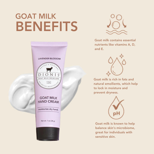 Dionis Goat Milk Hand Cream Lavender Blossom texture close-up shows smooth absorption.