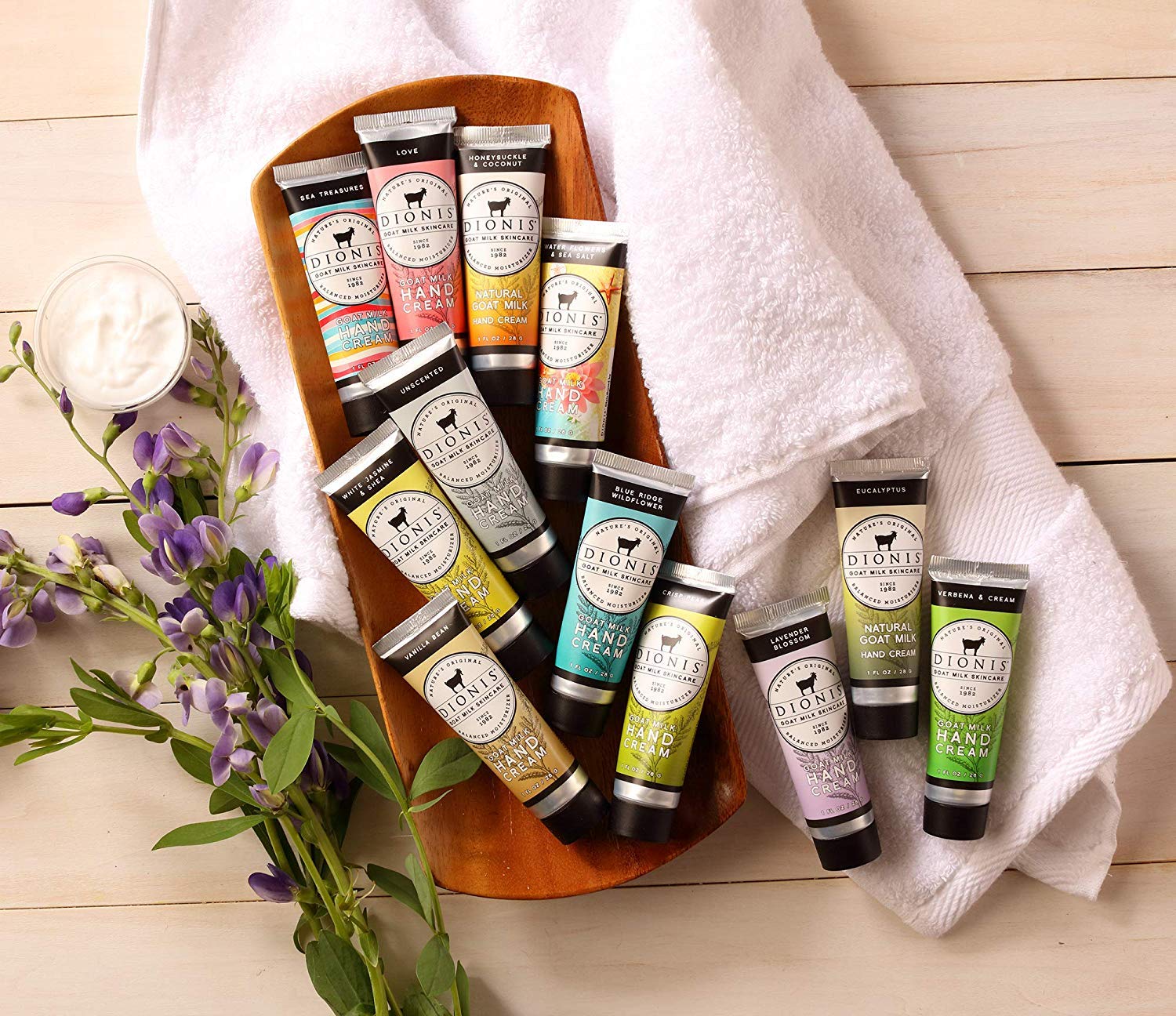 Dionis goat milk hand cream pump-dispense shows easy application and non-greasy absorption
