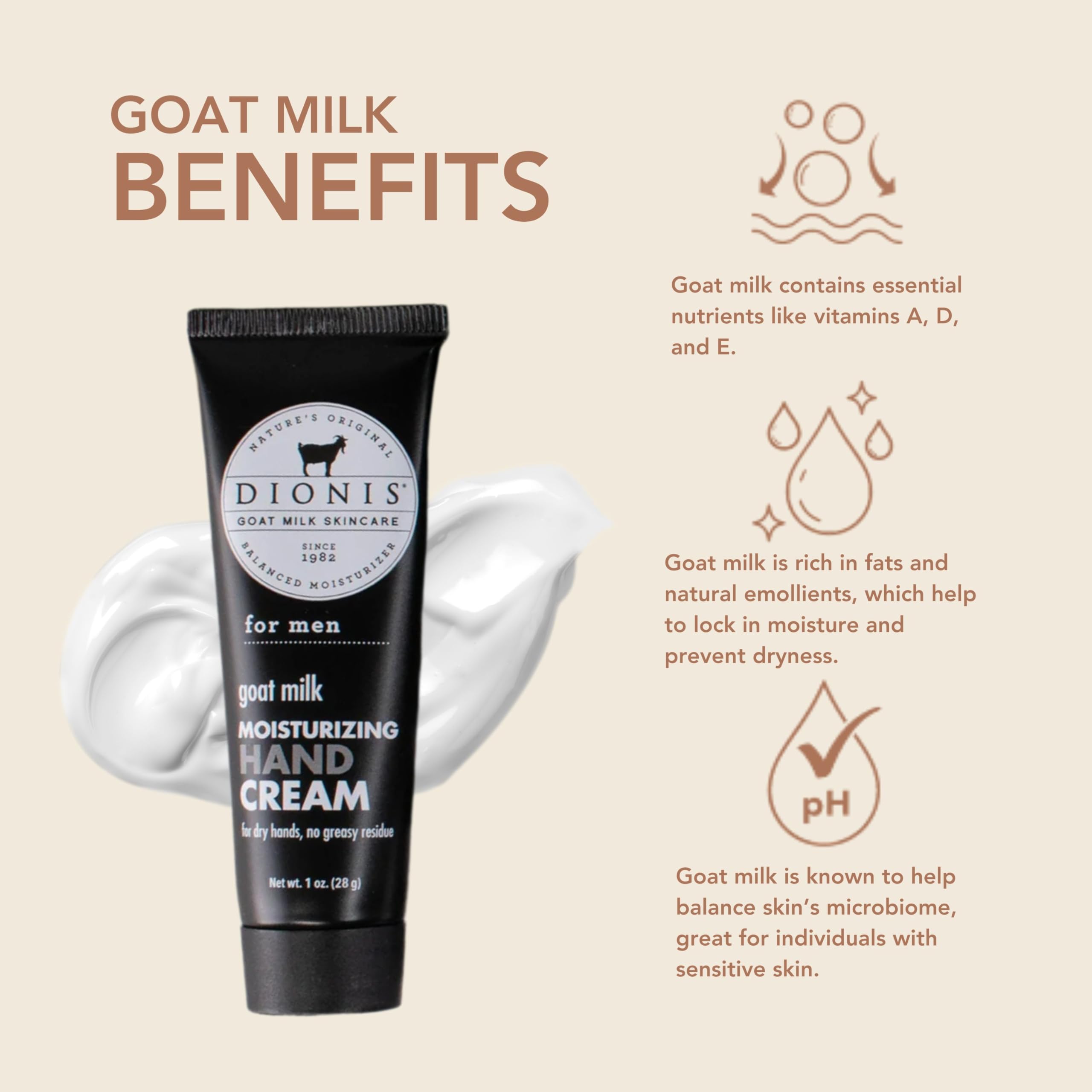 Dionis goat milk hand cream tube closeup highlighting smooth, non-greasy texture for hands.