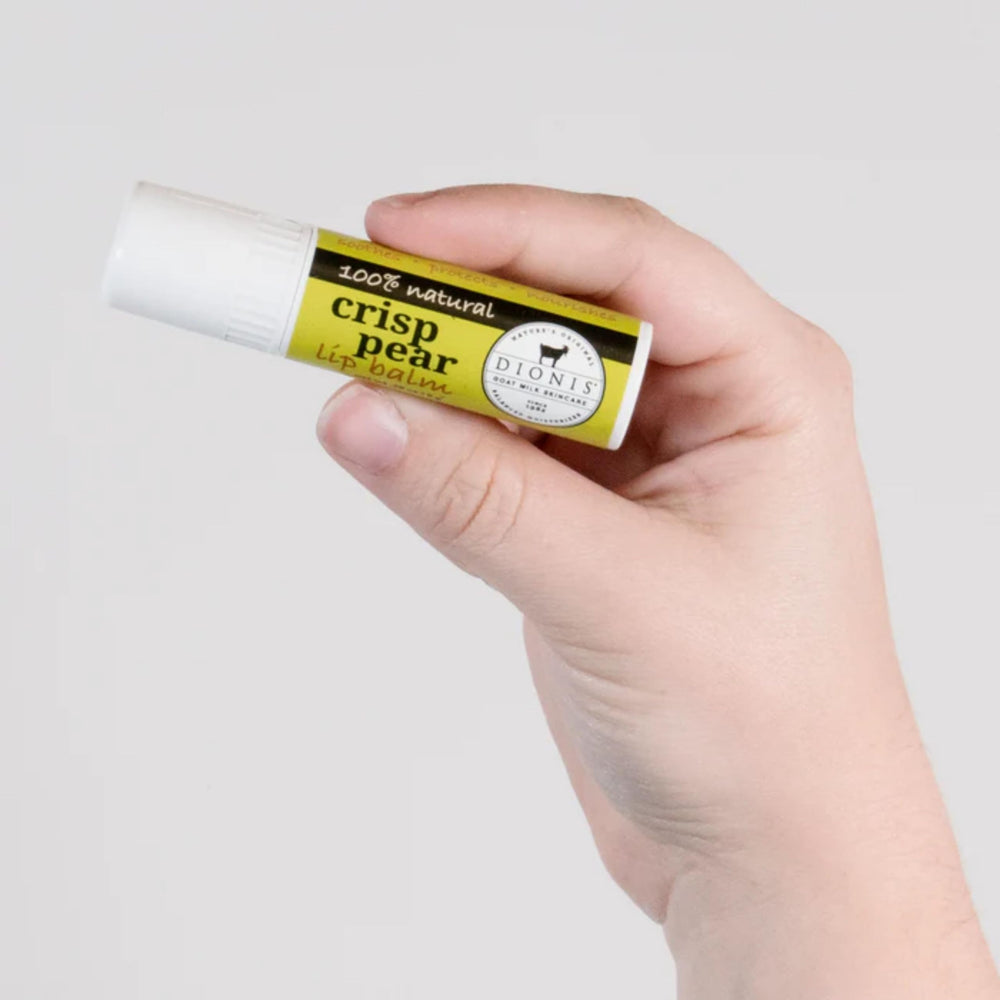 Dionis Goat Milk Lip Balm Crisp Pear 3-pack ingredients grid communicates goat milk and shea butter benefits