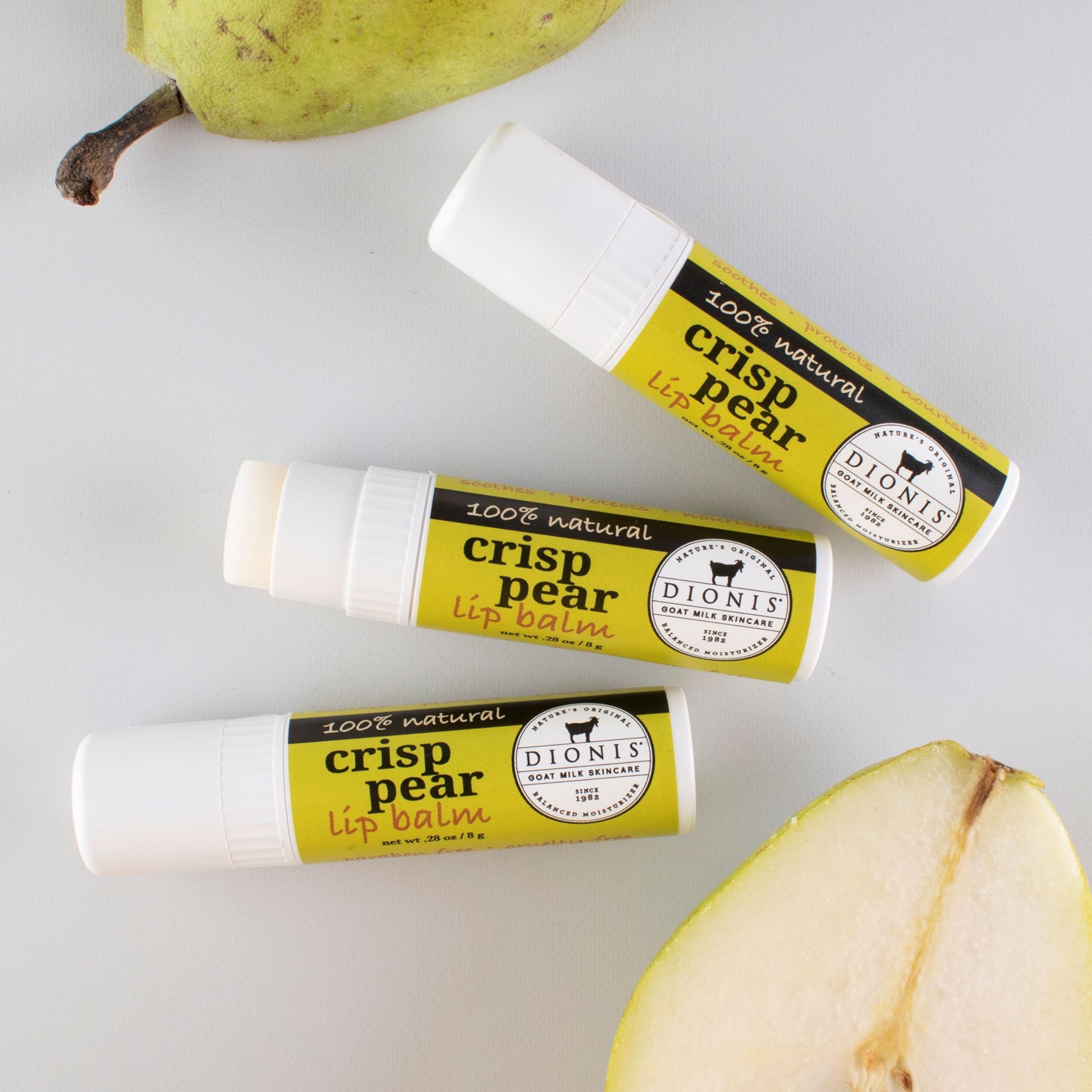 Dionis Goat Milk Lip Balm Crisp Pear 3-pack label detail emphasizes natural ingredients
