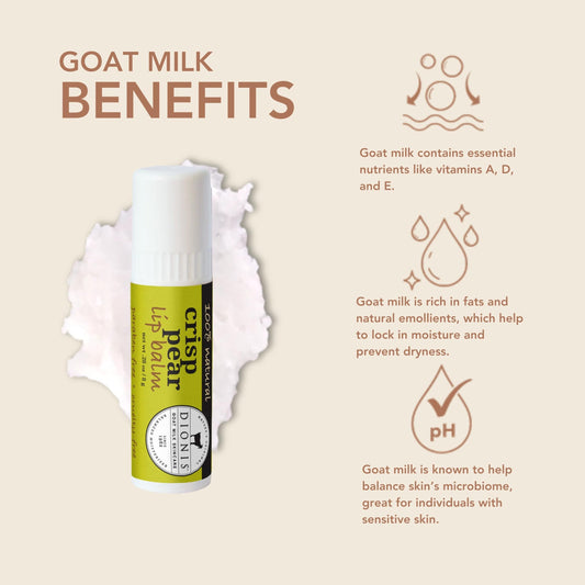 Dionis Goat Milk Lip Balm Crisp Pear 3-pack packaging showcases generous size for extended lip care