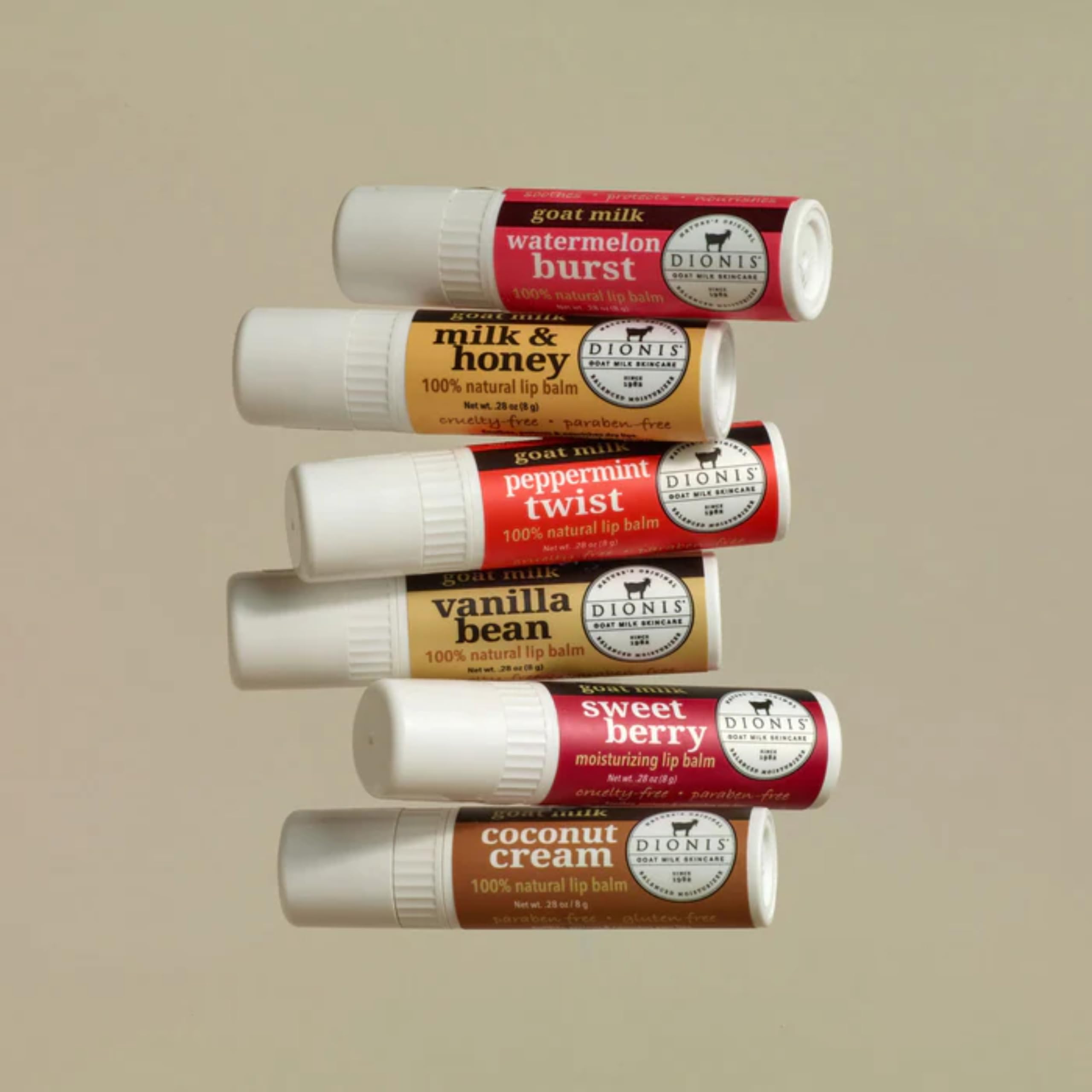 Label detail on Dionis Goat Milk Lip Balm with natural ingredients