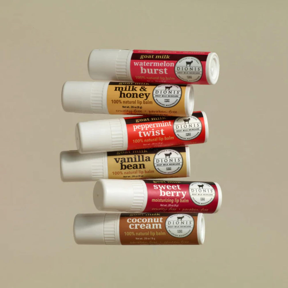 Label detail on Dionis Goat Milk Lip Balm with natural ingredients