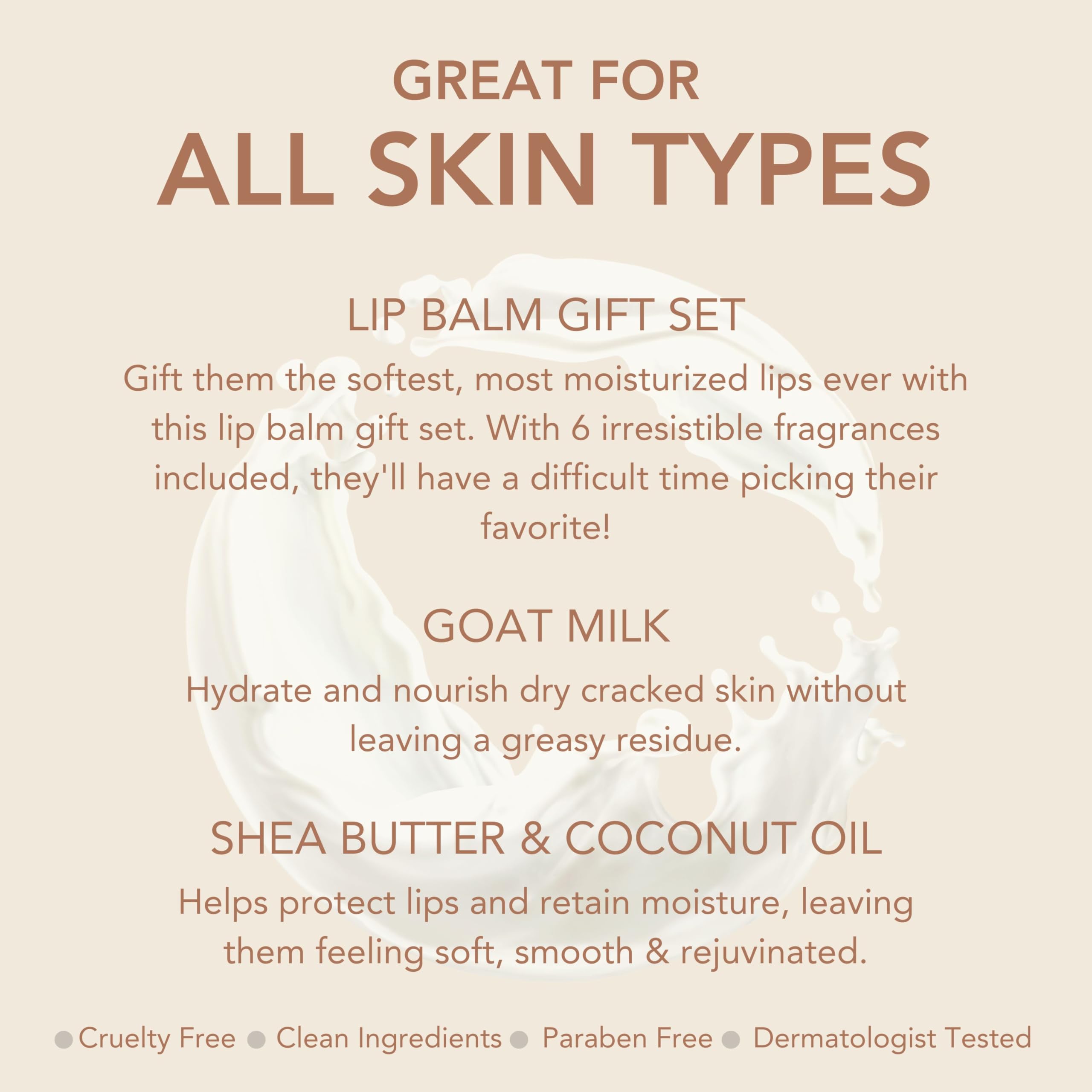 Goat milk lip balm container with smooth, non-greasy finish.