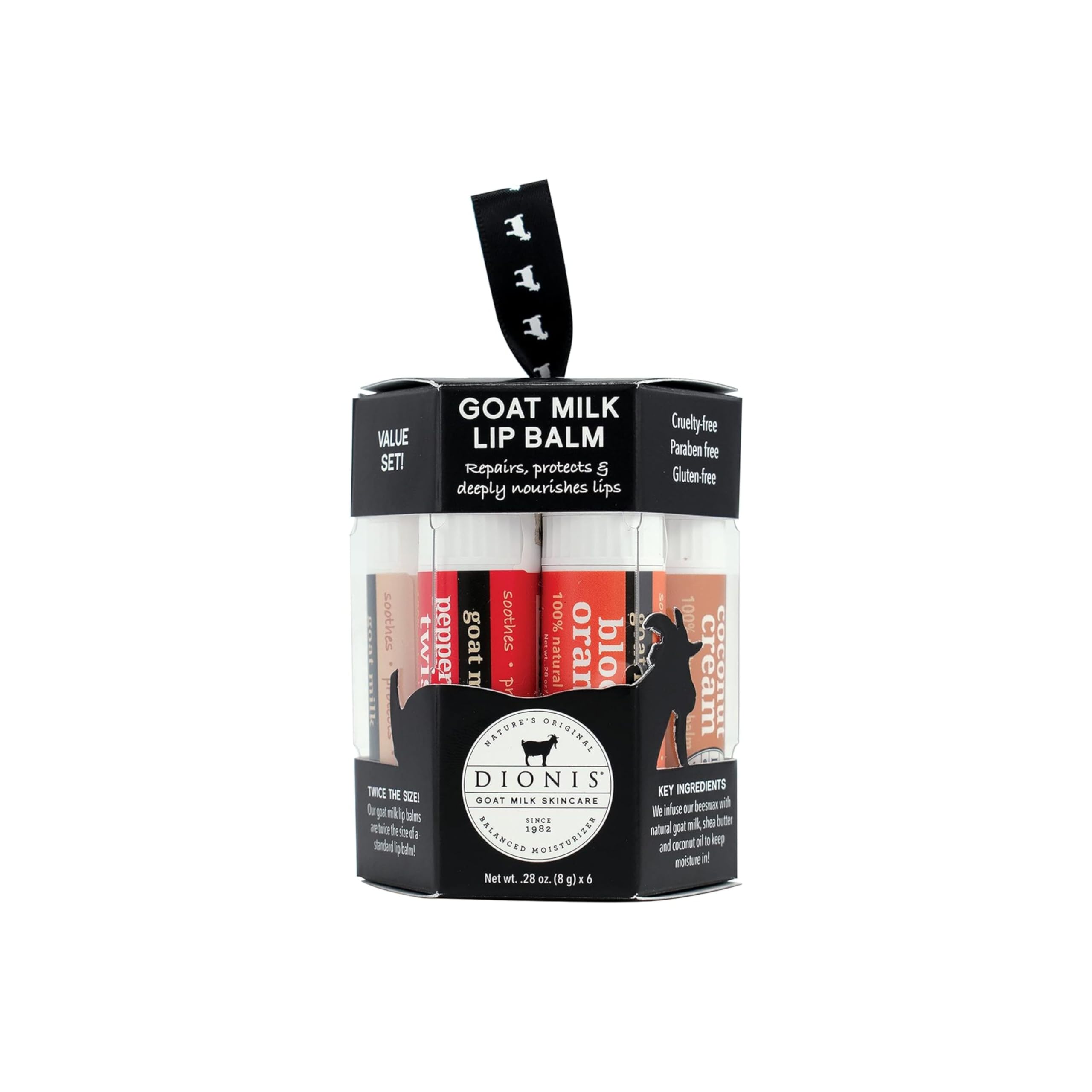 Dionis Goat Milk Lip Balm ornament set packaging, gift-ready moisture for cold weather.