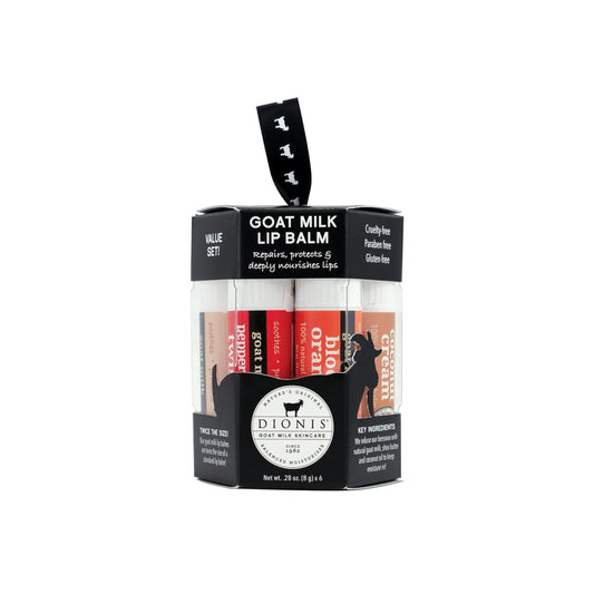 Dionis Goat Milk Lip Balm ornament set packaging, gift-ready moisture for cold weather.