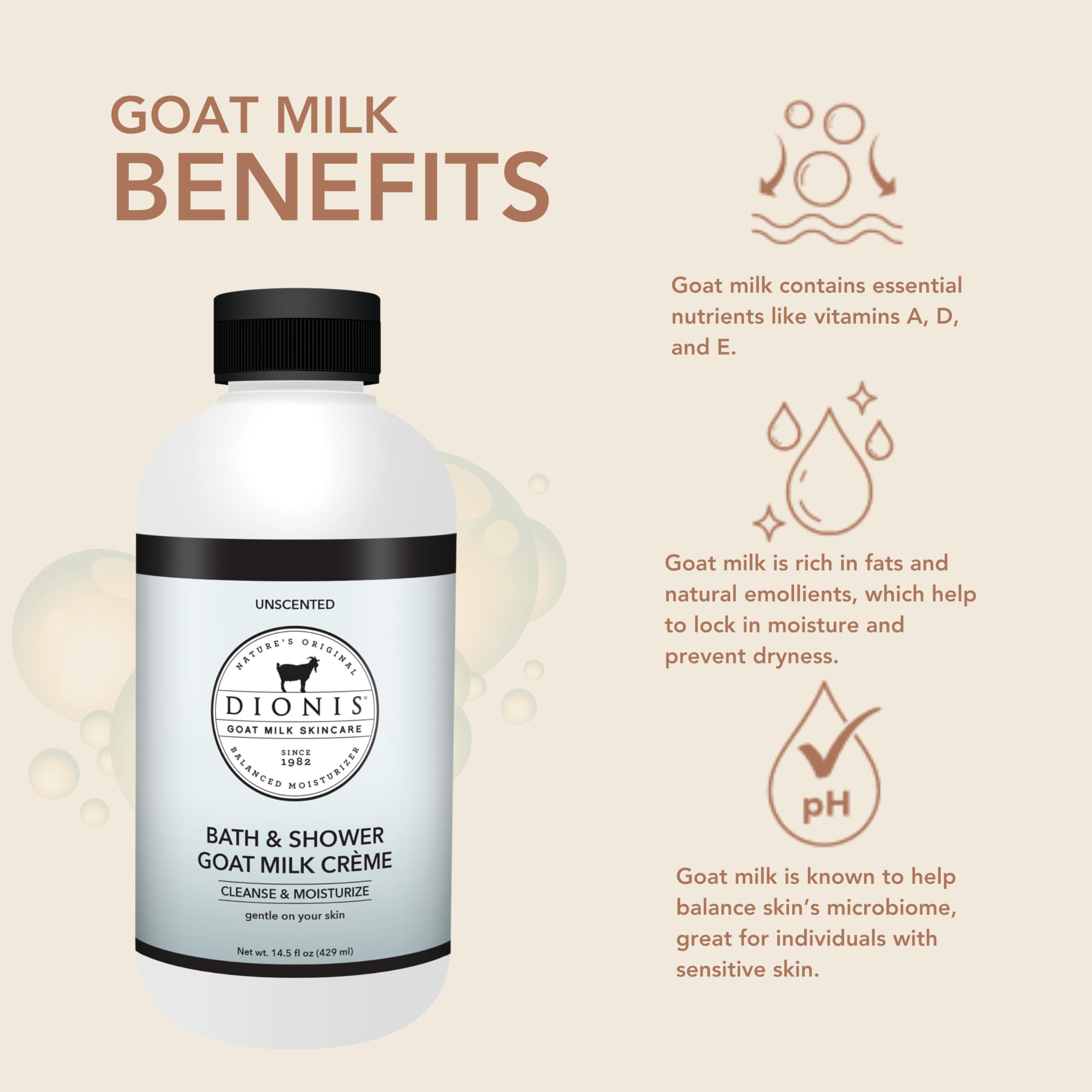 Dionis Goat Milk Liquid Shower Creme Unscented bottle with pump for easy fragrance-free cleansing