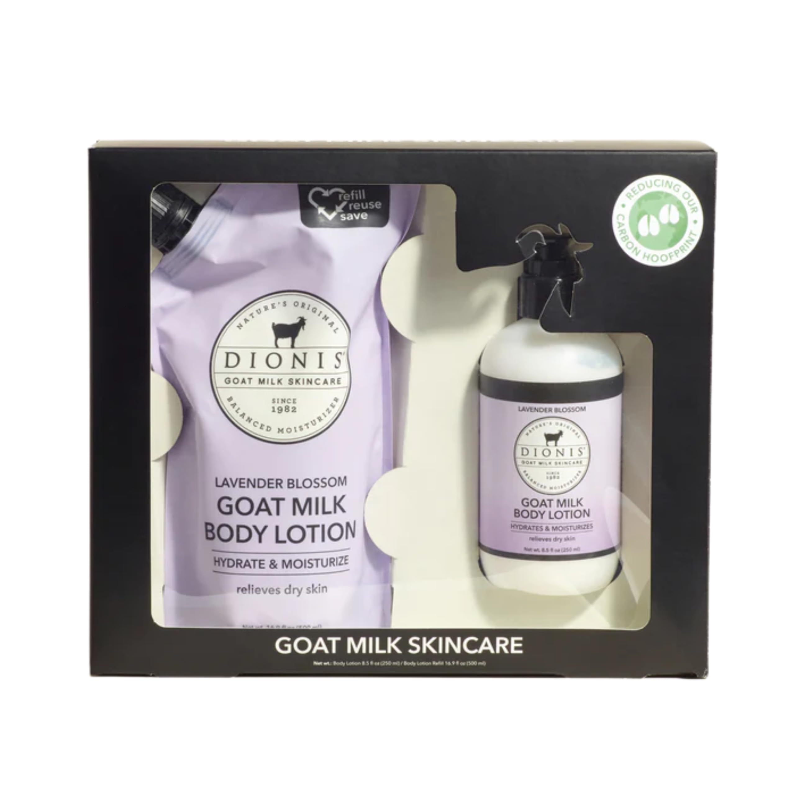 Dionis Goat Milk Lotion bottle with Lavender Blossom for hydrated, silky skin.