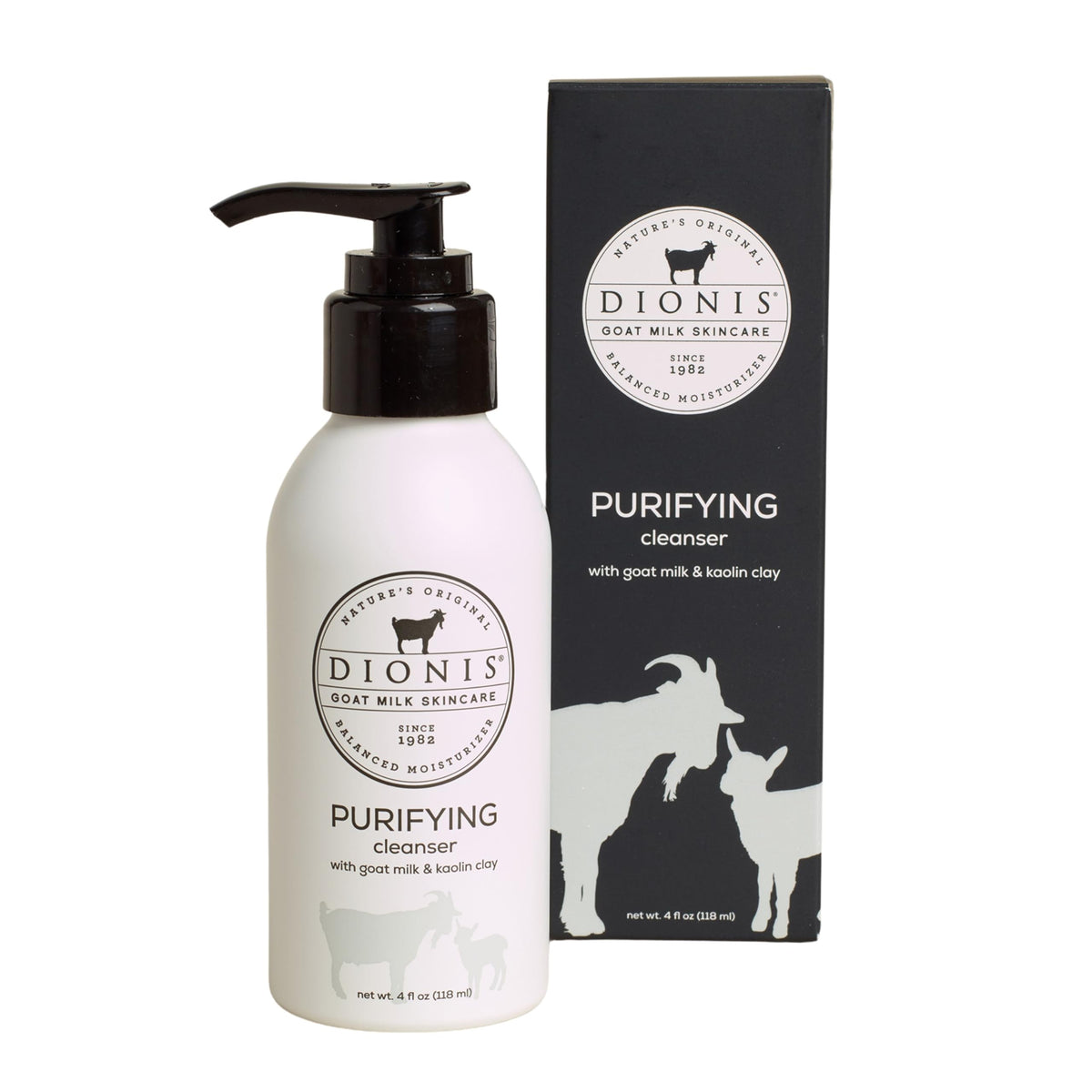 Dionis Goat Milk Purifying Cleanser bottle highlights sleek packaging for daily cleansing.