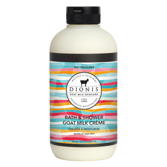 Dionis Sea Treasures bath soap close-up highlighting goat milk hydration for sensitive skin.