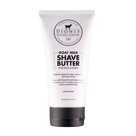 Dionis Goat Milk Shave Butter front jar showing creamy hydration for sensitive skin.