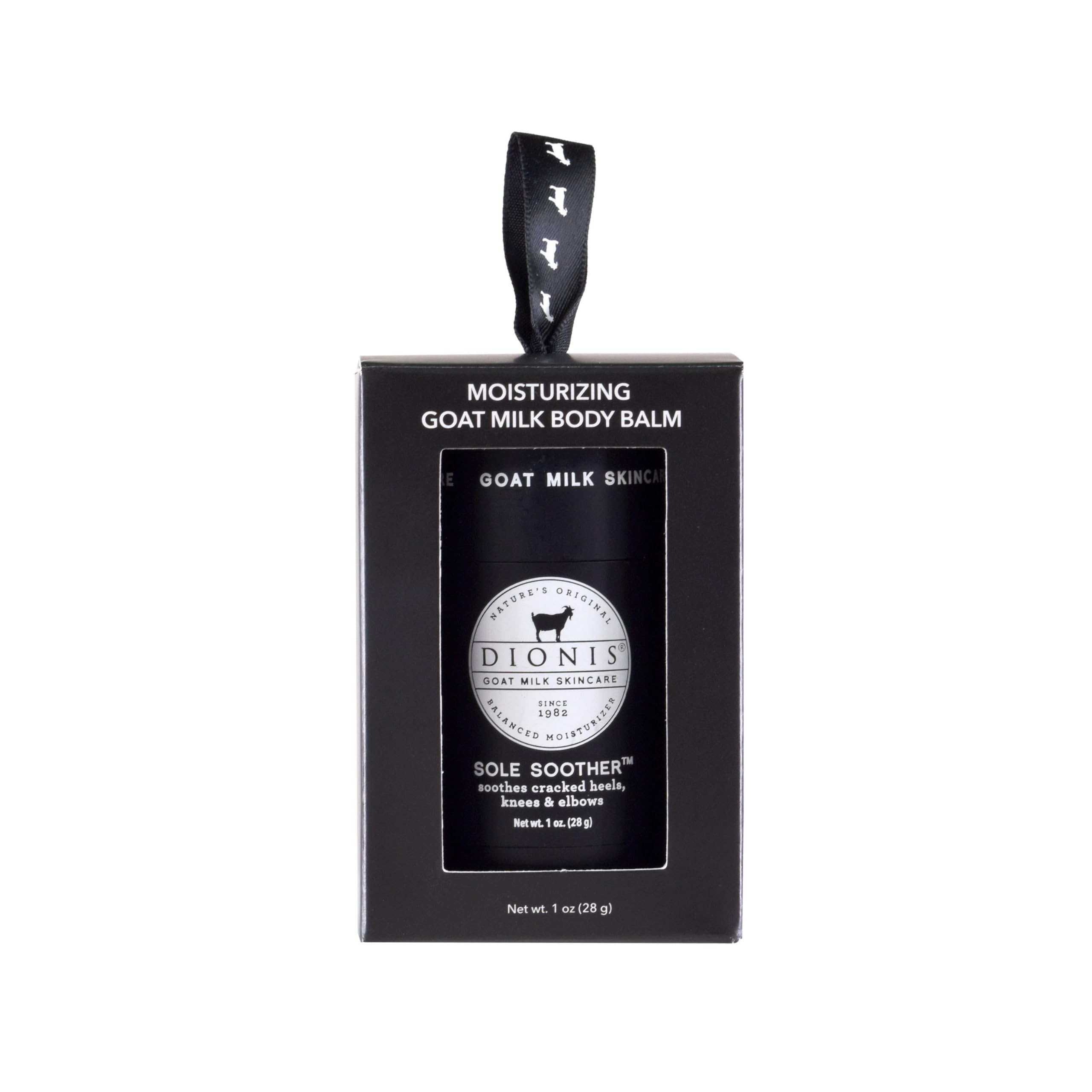 Dionis Goat Milk Sole Soother Balm front view shows compact 1oz packaging for on-the-go moisture