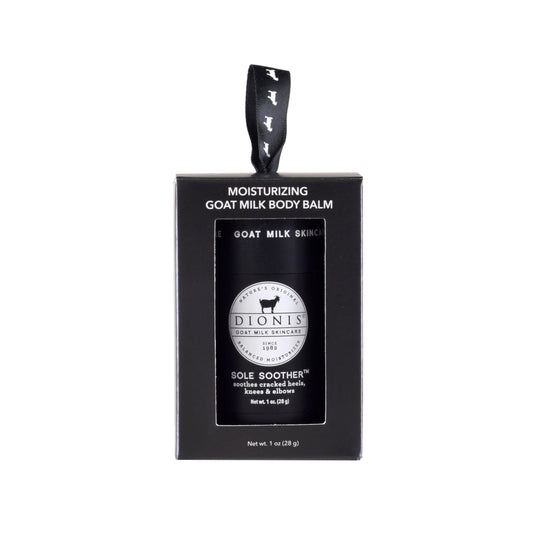 Dionis Goat Milk Sole Soother Balm front view shows compact 1oz packaging for on-the-go moisture