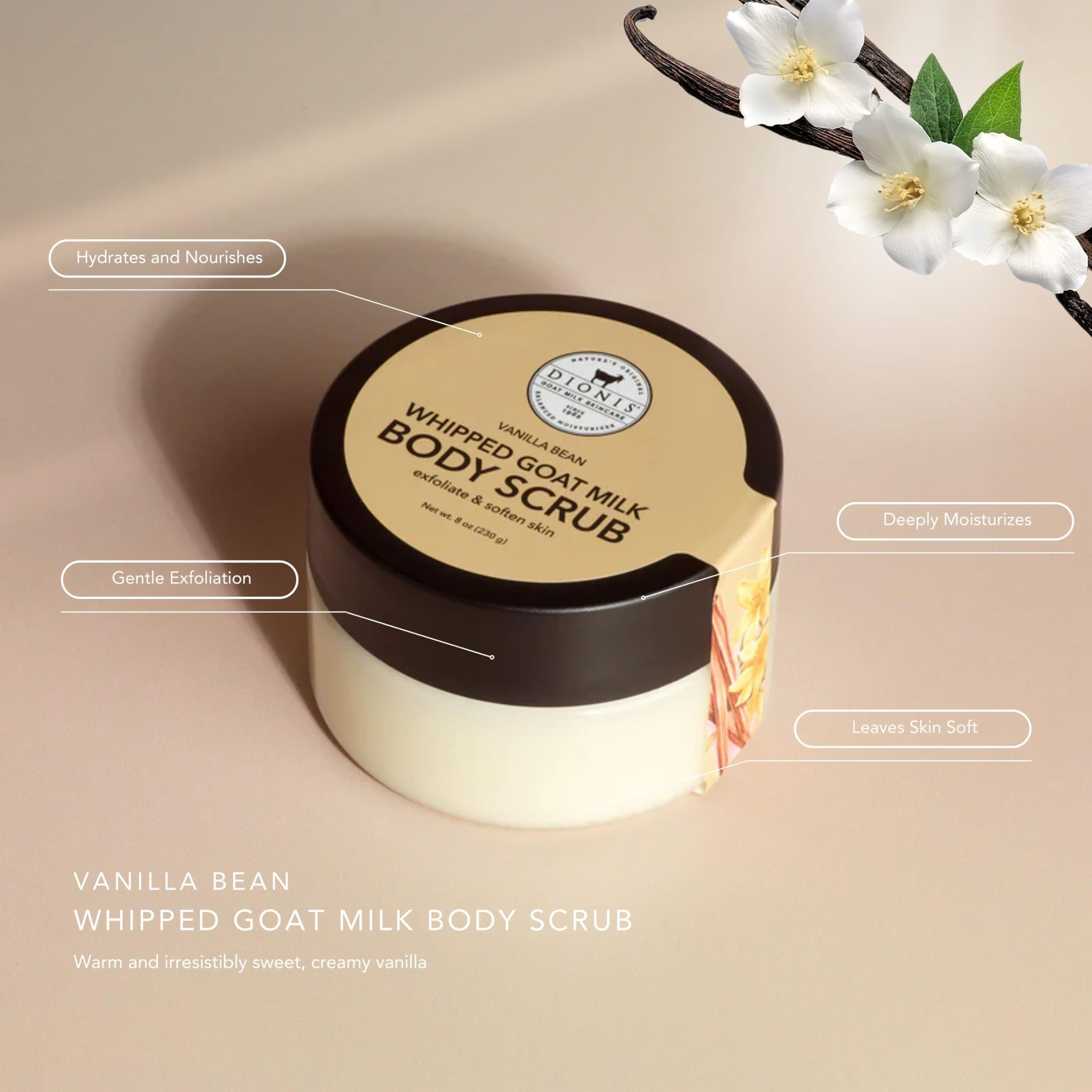 Dionis whipped body scrub texture close-up highlighting gentle exfoliation without stripping moisture