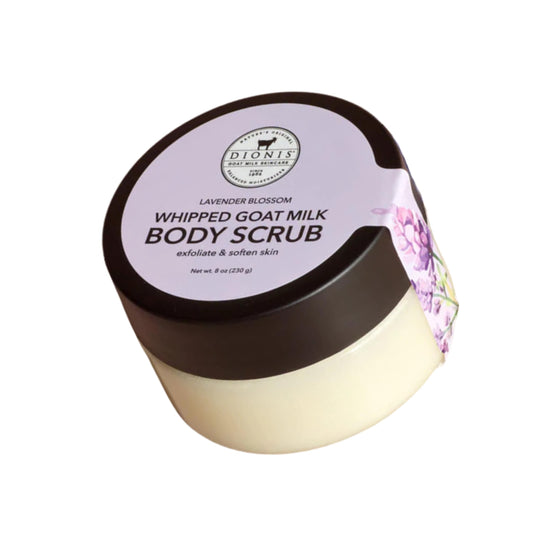 Dionis Goat Milk Whipped Scrub Lavender Blossom 8oz jar promoting soft, hydrated skin
