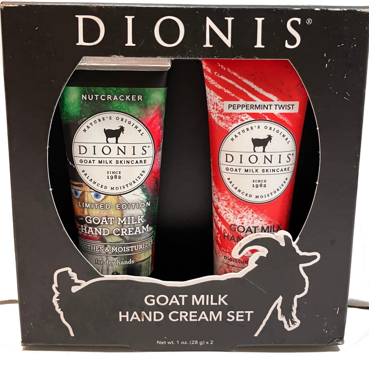 Dionis Nutcracker Peppermint Twist hand cream set, hydrates dry hands with refreshing scent.