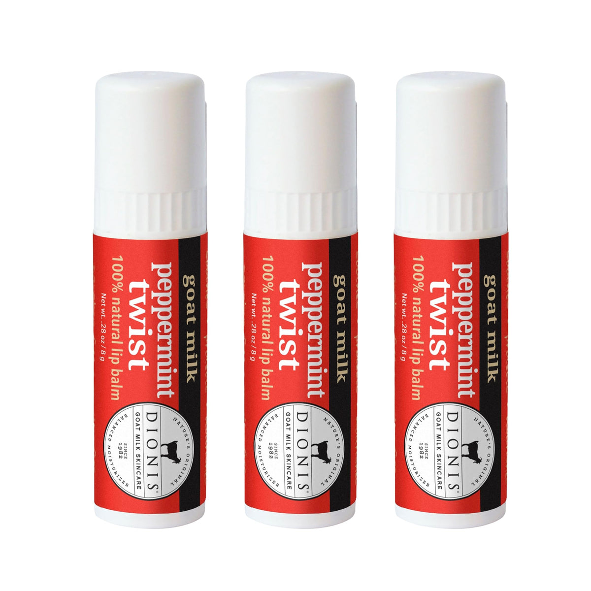 Dionis Peppermint Twist 3-pack lip balms in a gift set for minty hydration.