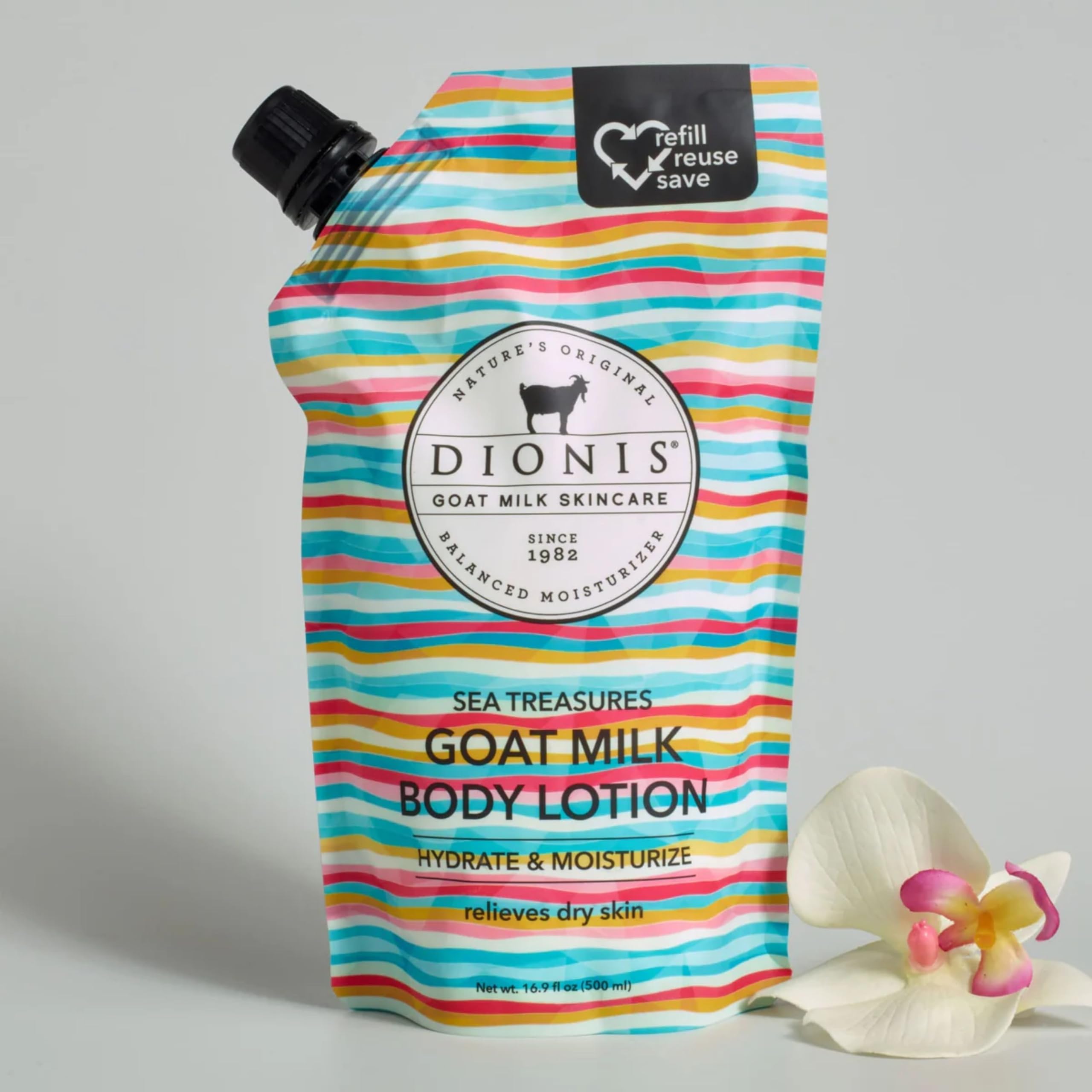 Cruelty-free symbol on packaging emphasizes ethical skincare with Dionis Sea Treasures.