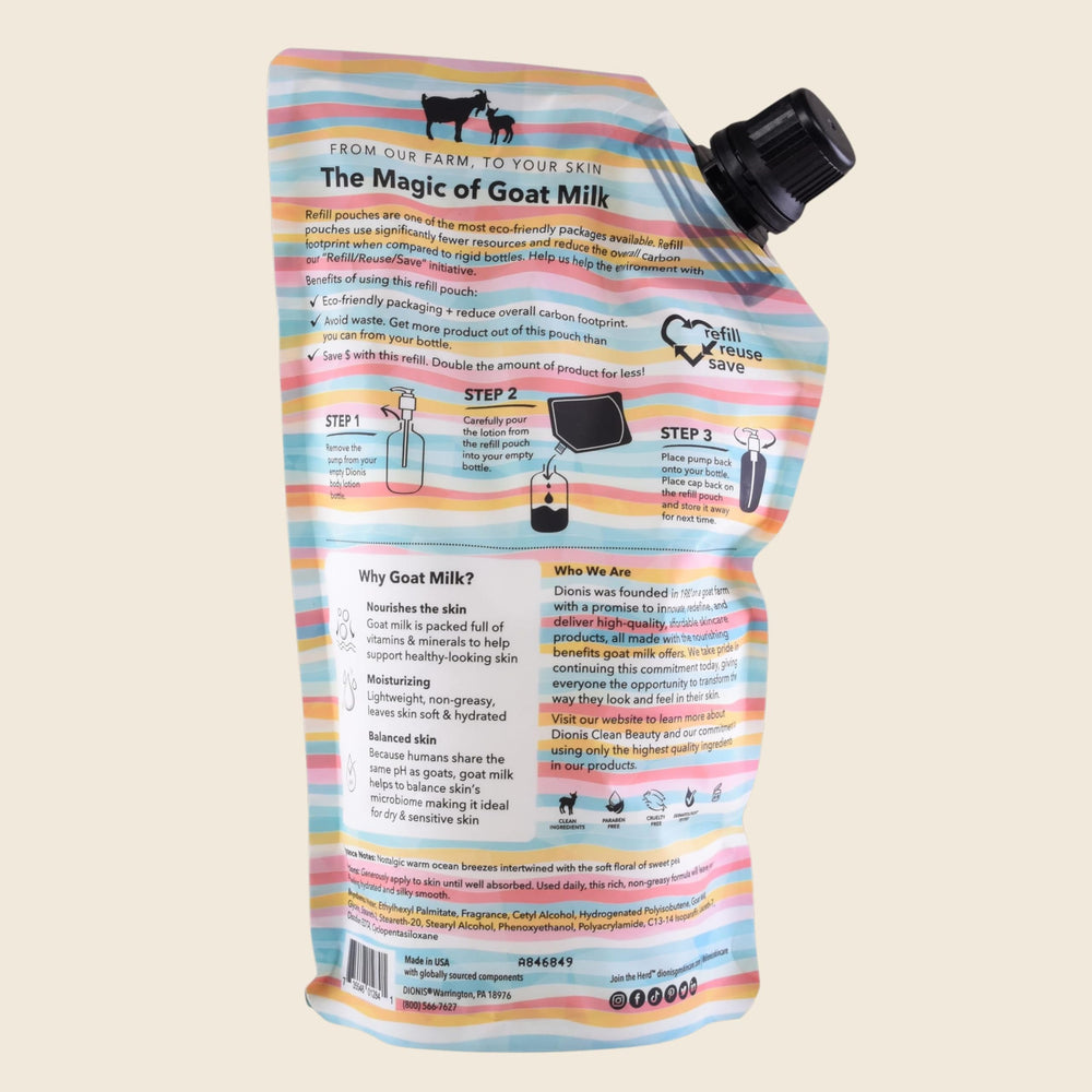Dionis Sea Treasures bottle being poured from refill pouch for easy use.