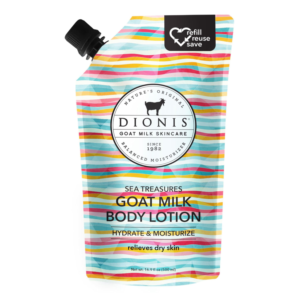 Dionis Sea Treasures refill pouch beside lotion bottle for daily hydration.