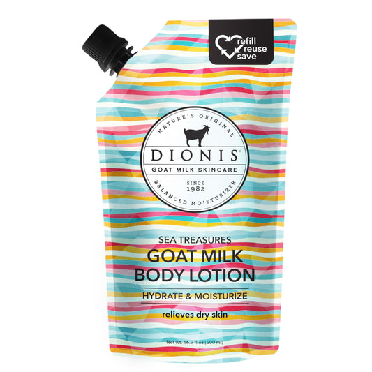 Dionis Sea Treasures refill pouch beside lotion bottle for daily hydration.