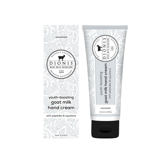 Dionis Youth Boosting Goat Milk Hand Cream bottle front with fragrance-free formula for sensitive skin.
