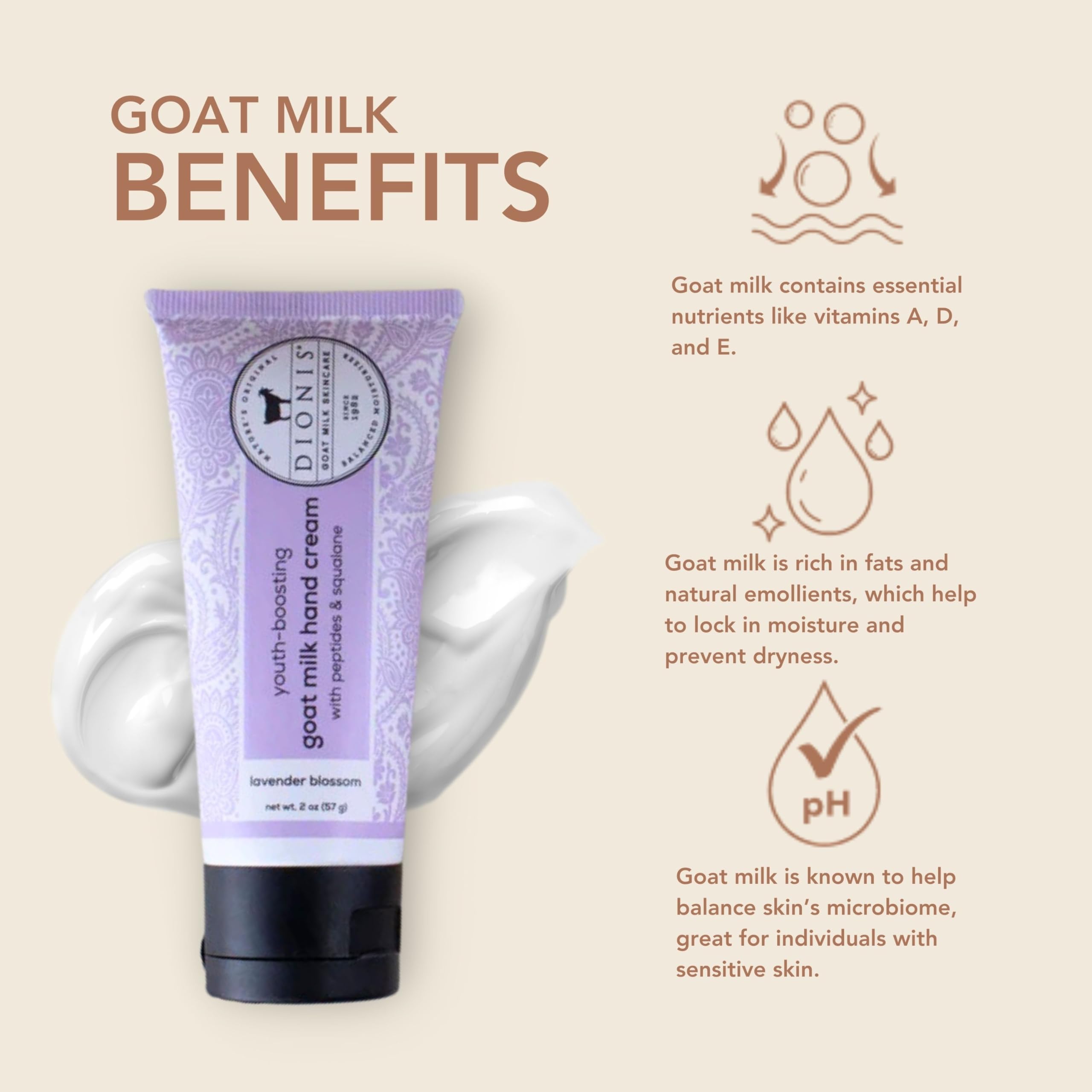 Close-up of Dionis hand cream application showing smooth, non-greasy absorption on skin.