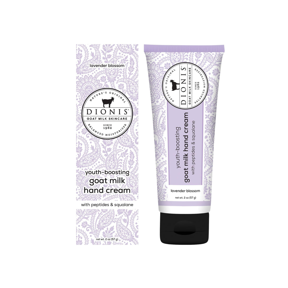 Dionis Youth Boosting Goat Milk Hand Cream bottle with lavender blossom scent for daily hydration.