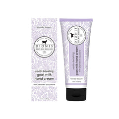 Dionis Youth Boosting Goat Milk Hand Cream bottle with lavender blossom scent for daily hydration.