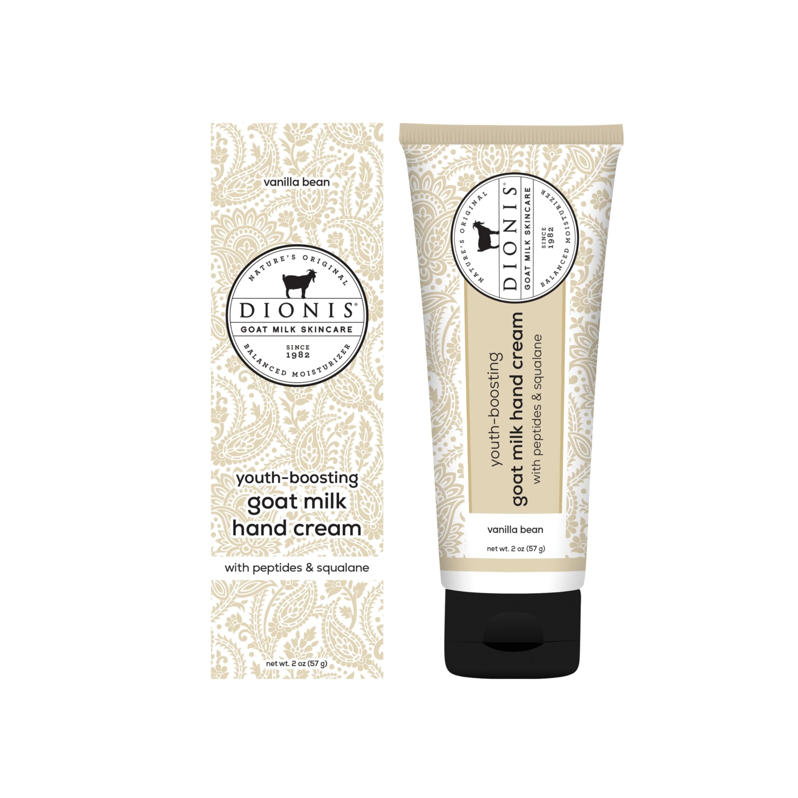 Dionis Youth Boosting Goat Milk Hand Cream jar with vanilla bean scent providing daily hydration.