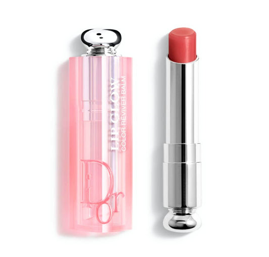 Dior Addict Lip Glow Balm 012 Rosewood adds rosy tint with hydrating shine.