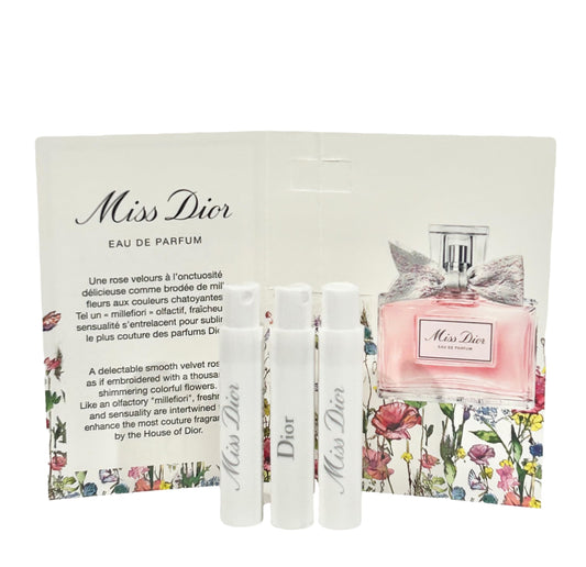 Dior Miss Dior sample set packaging highlights compact travel size.