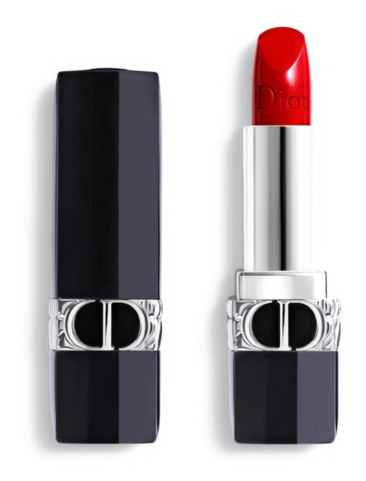 Dior Rouge 999 satin red mini lipstick for on-the-go color and comfort.