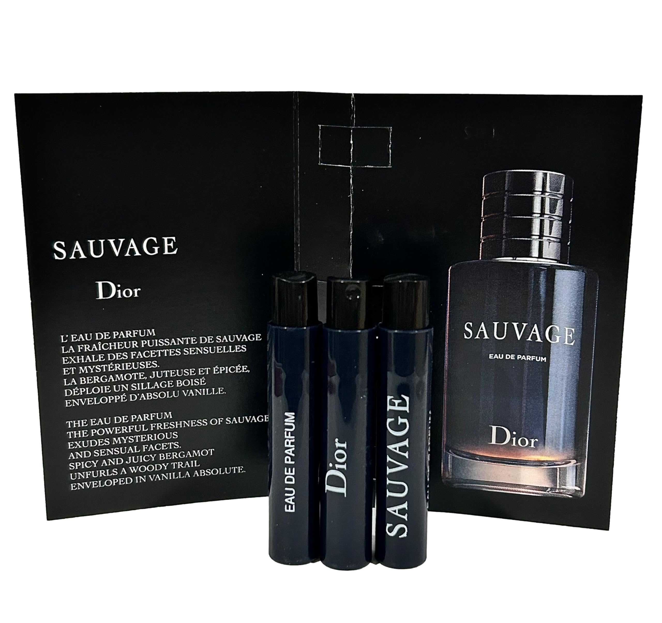Dior Sauvage travel-size vials with compact labeling and cap detail.