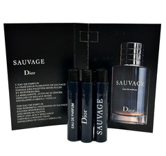 Dior Sauvage travel-size vials with compact labeling and cap detail.