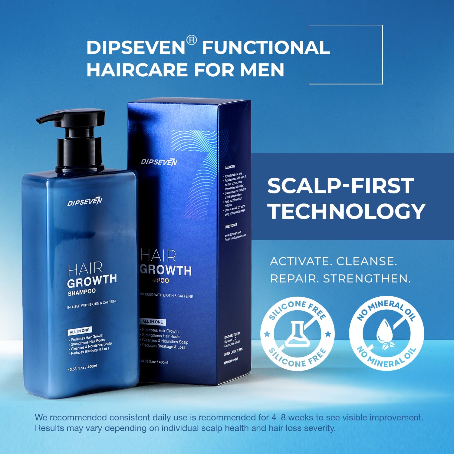 DIPSEVEN Biotin Shampoo label close-up highlighting biotin and caffeine benefits