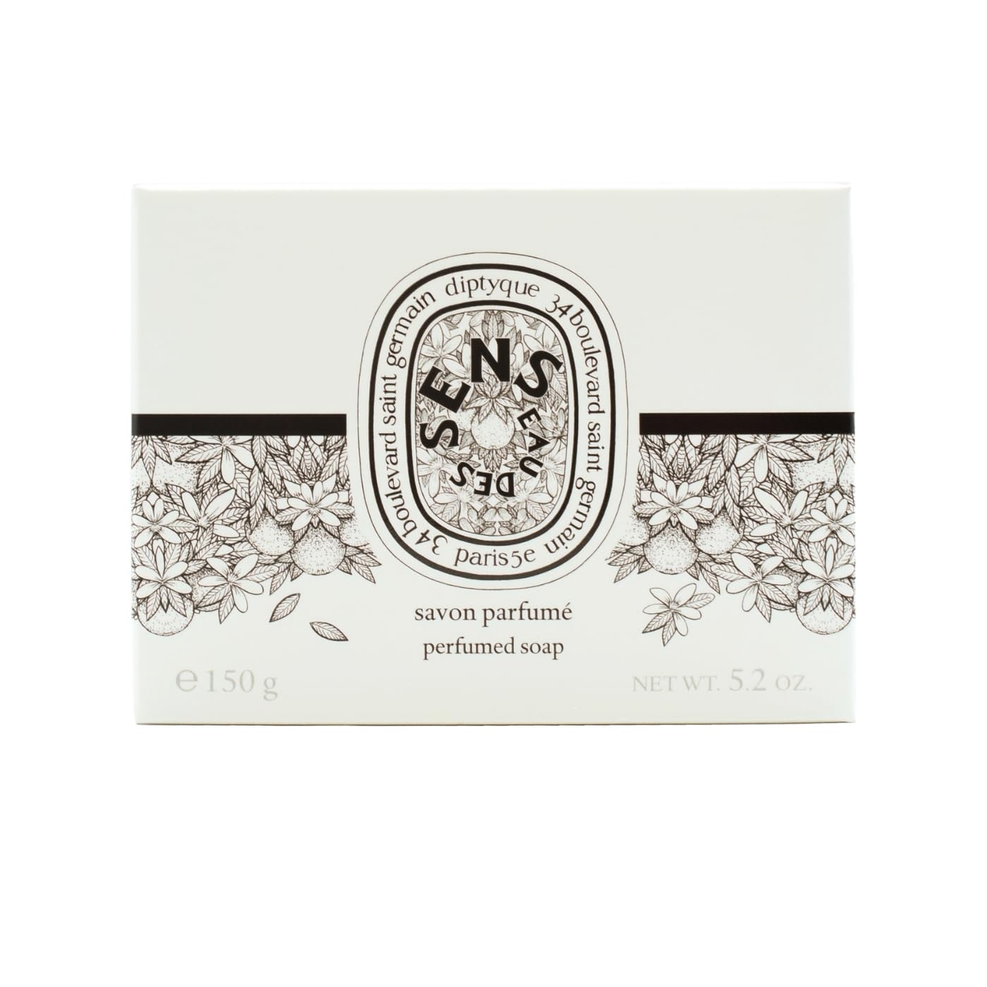 Diptyque Eau des Sens label-detail featuring classic branding and premium finish.