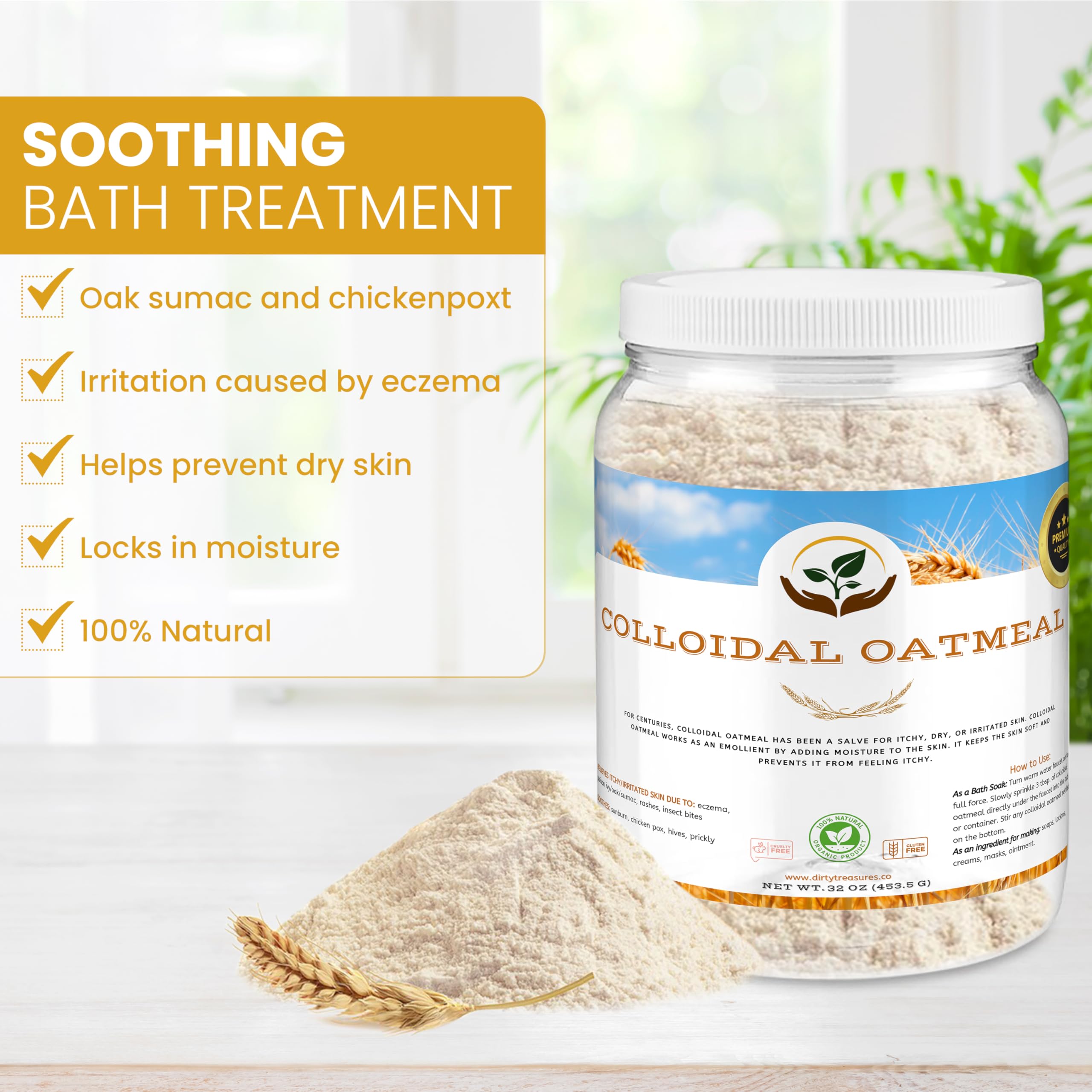Ingredient panel highlights 100% natural, fragrance-free oat formula.