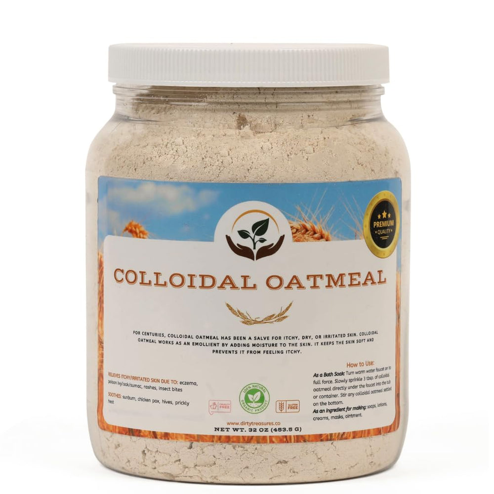 Dirty Treasures colloidal oatmeal bath packaging shows fragrance-free formula for sensitive skin.