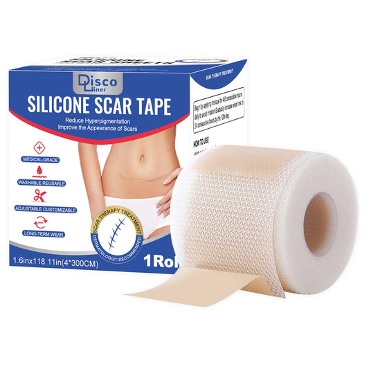 Discoliner silicone scar sheets packaging for easy handling and discreet wear.